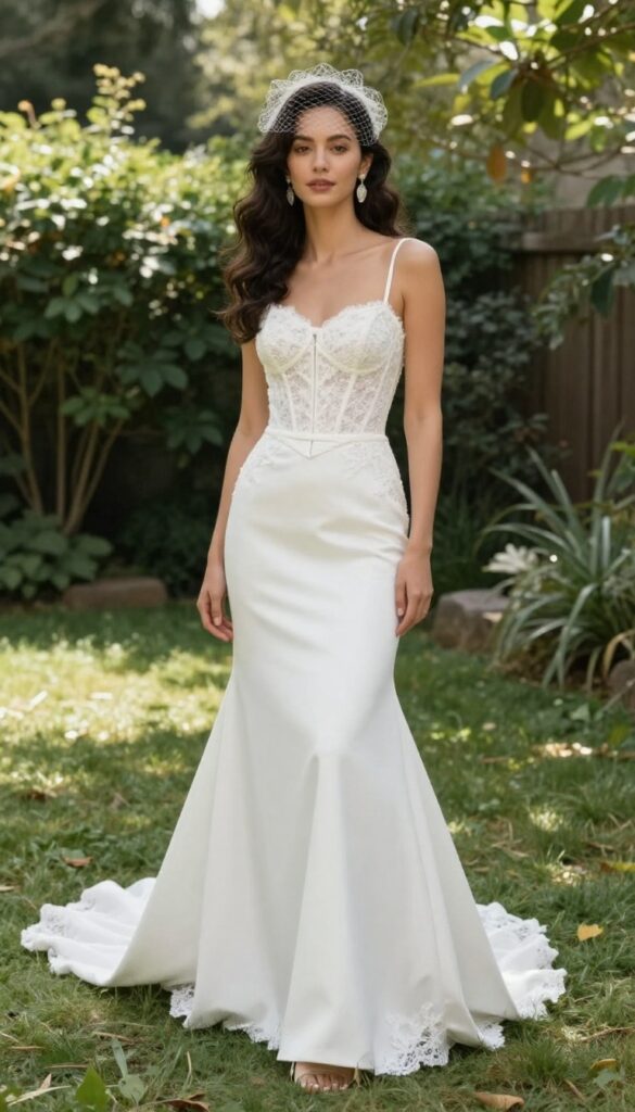 Bride in corset lace-up wedding dress with chapel train in garden
