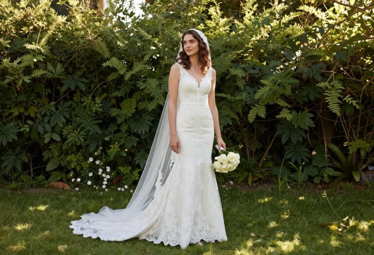 Woman in lace wedding dress with veil in garden
