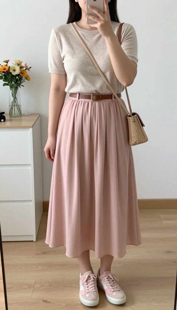 Woman in pleated midi skirt and cashmere-blend tee with pastel sneakers, monochromatic spring business casual outfit.