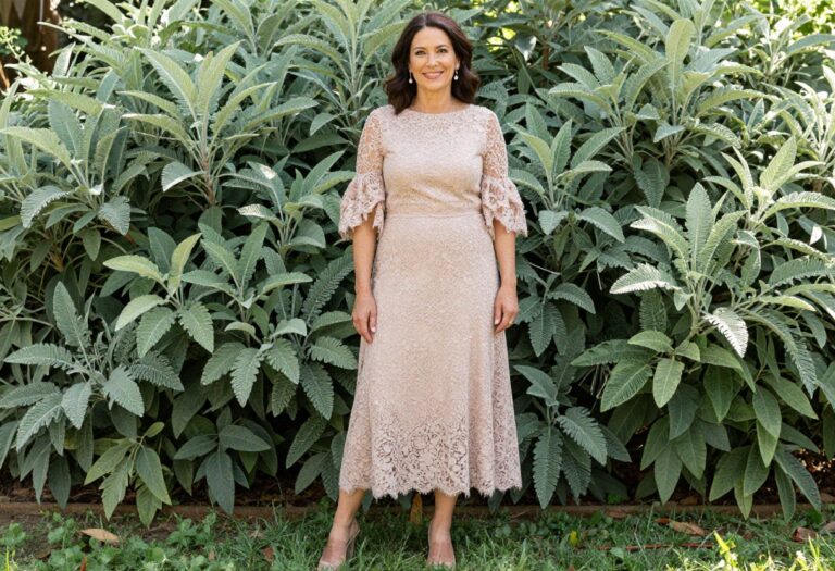 Mother of the bride in blush lace gown with sage green garden background