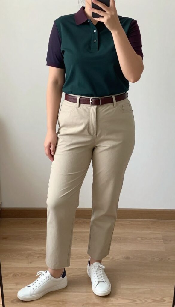 A woman in a navy polo shirt tucked into beige chinos, wearing clean leather sneakers and a canvas belt, standing in a bright office or outdoor setting.