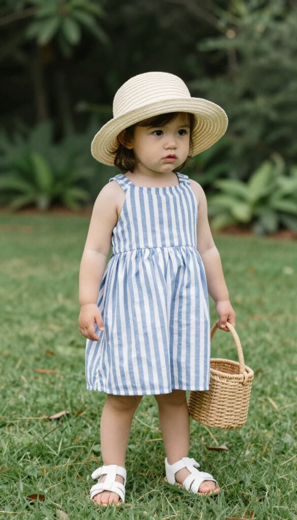 Baby girl in seersucker dress and sun hat for wedding guest look