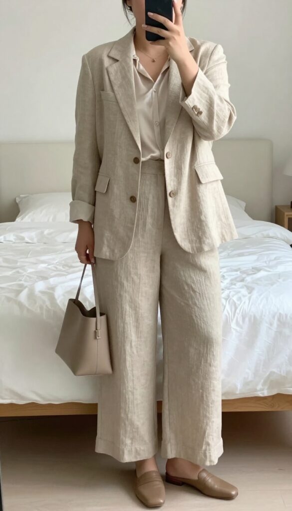 Woman in linen blazer, silk shell, and wide-leg trousers, posing in mirror selfie