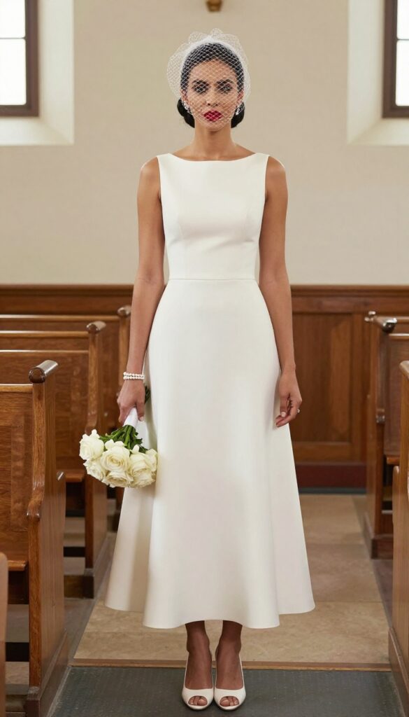 Bride in tea-length wedding dress with birdcage veil and red lip, standing in a chapel