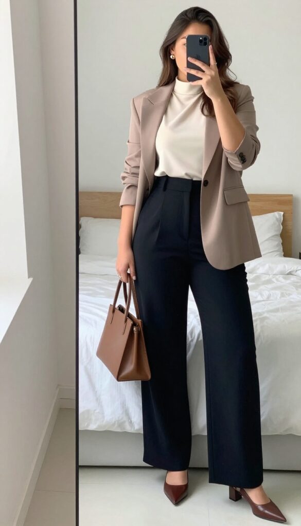 A plus-size woman in high-waist wide-leg trousers and a silk shell, wearing a blazer and pointed-toe loafers, standing in a bright office setting.