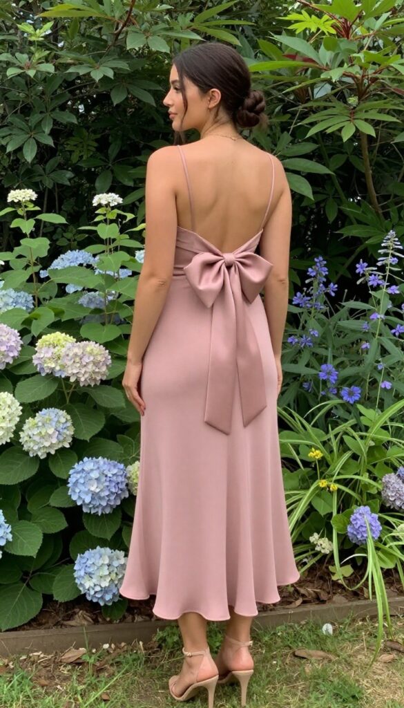 Woman in dusty rose slip dress with satin bow back, nude heels, garden backdrop