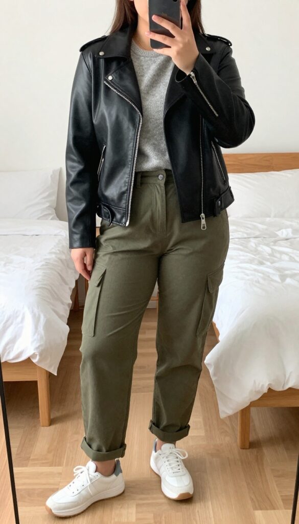 Woman in black leather moto jacket, gray cashmere sweater, olive cargo pants, and chunky sneakers, standing in a modern office or street setting.