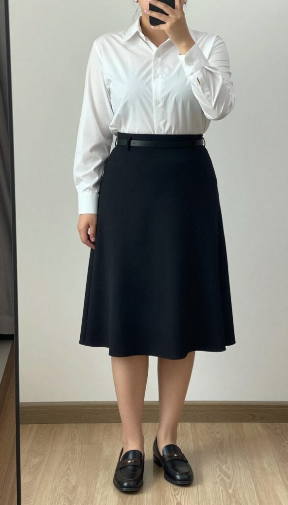 Woman in white button-down tucked into black A-line skirt, black belt, loafers, minimal jewelry, standing in mirror selfie