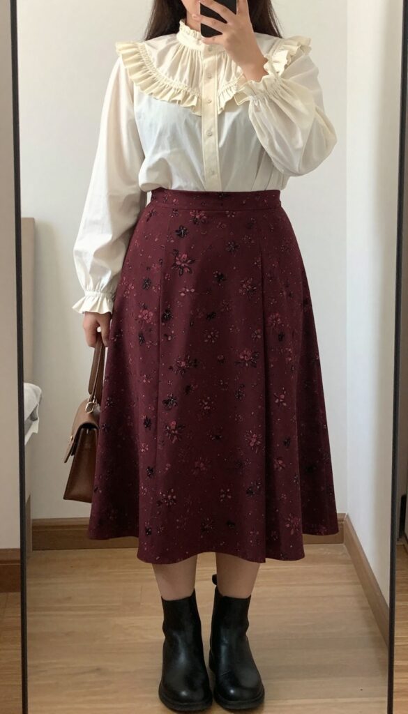A woman in a Victorian blouse and A-line skirt with Chelsea boots, standing in a professional setting