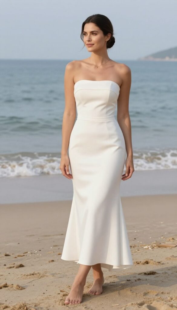 Young woman in strapless white mermaid wedding dress with minimal jewelry and bare shoulders, standing on beach at golden hour
