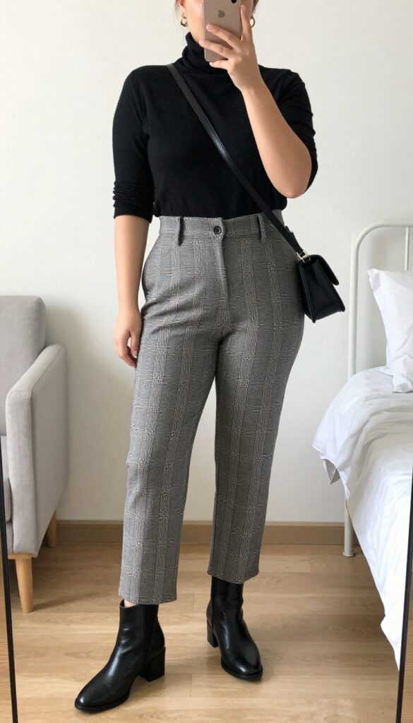 Woman in black turtleneck and plaid trousers with ankle boots, taking a mirror selfie in bedroom, phone partially covering face.
