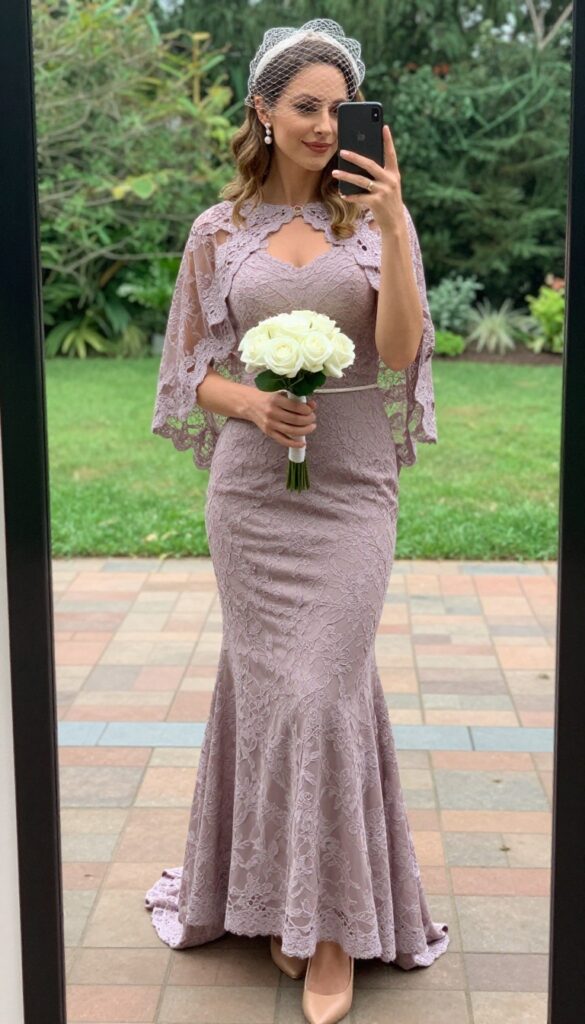 Mauve vintage lace mermaid wedding dress with lace-trimmed cape, birdcage veil, and white rose bouquet in a garden setting.