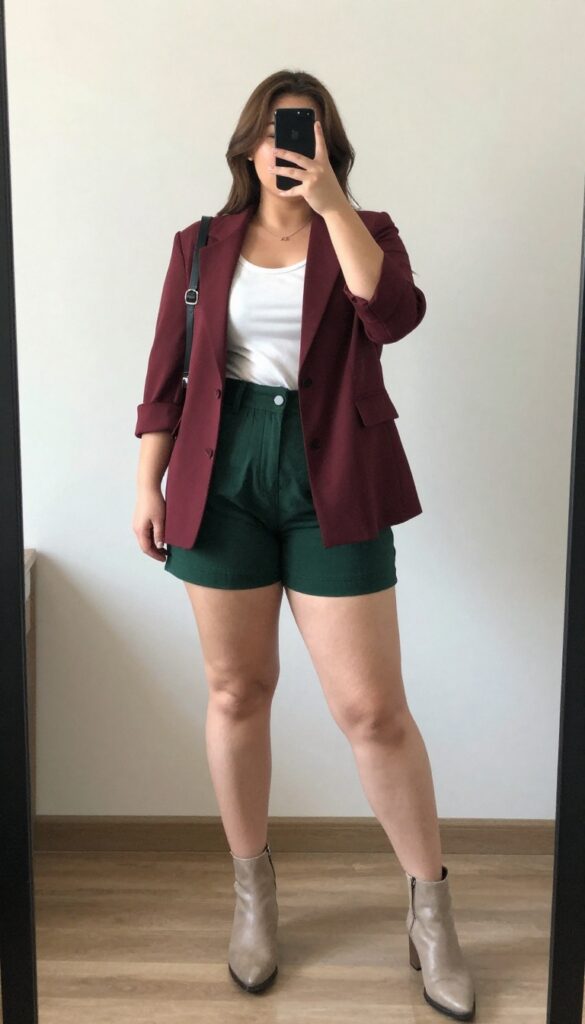 Woman in burgundy high-waisted shorts, neutral cropped blazer, white tee, and ankle boots, posing in a bright office or outdoor setting.