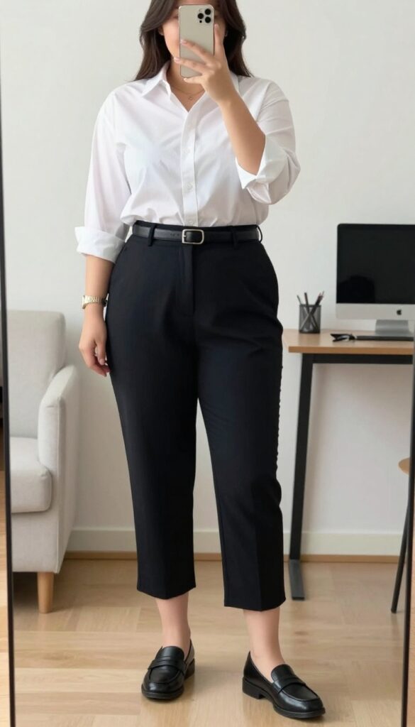 Model in white button-down shirt tucked into cropped trousers, sleeves rolled, with leather belt and loafers, standing in office setting.