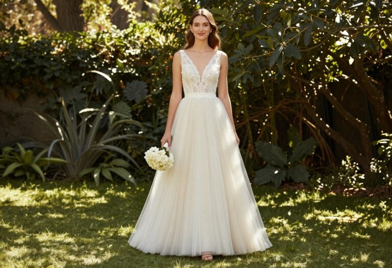 Woman in fluffy tulle wedding dress with lace bodice standing in garden