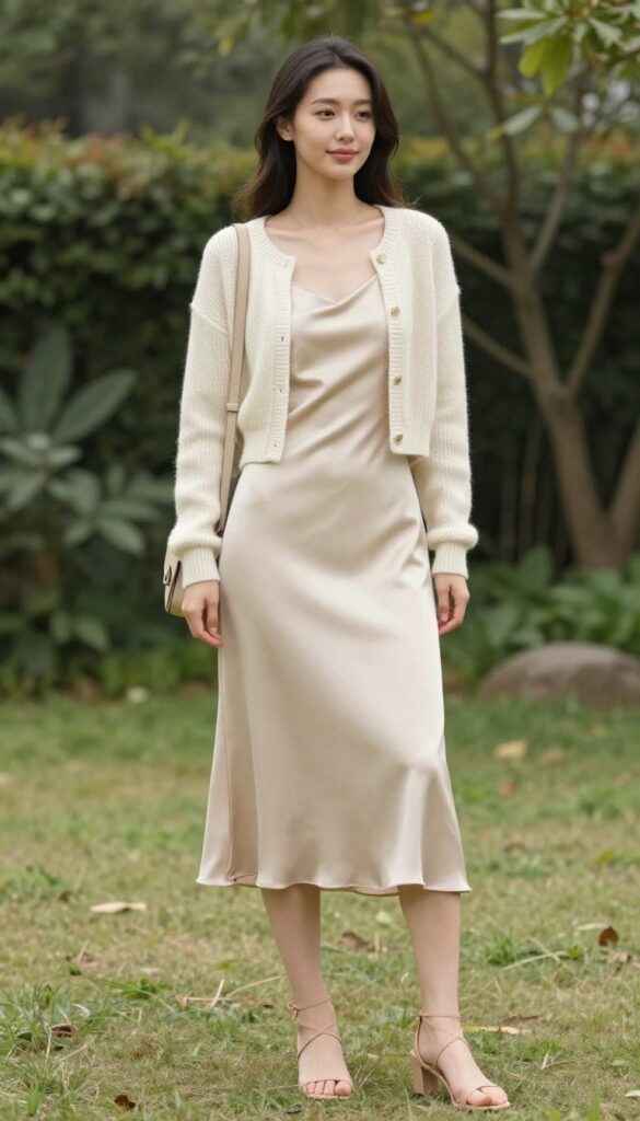 Woman in champagne slip dress and cream cropped cardigan at garden wedding