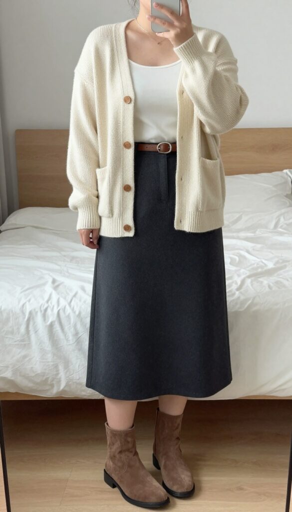 Woman in cream cashmere cardigan and charcoal midi skirt with brown belt and suede ankle boots