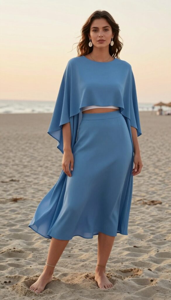 Moana-inspired wedding outfit: ocean blue crepe cape over white crop top and high-waisted skirt, barefoot on beach at sunset, shell earrings and anklet.