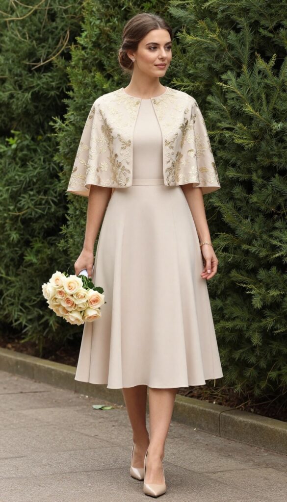 Belle-inspired wedding outfit: golden embroidered cape over tea-length dress in garden