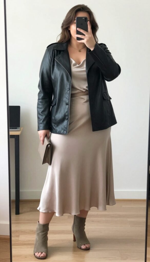 A woman in a black leather jacket, silk camisole, and flowy neutral midi skirt, posing in a mirror selfie, phone partially covering her face.