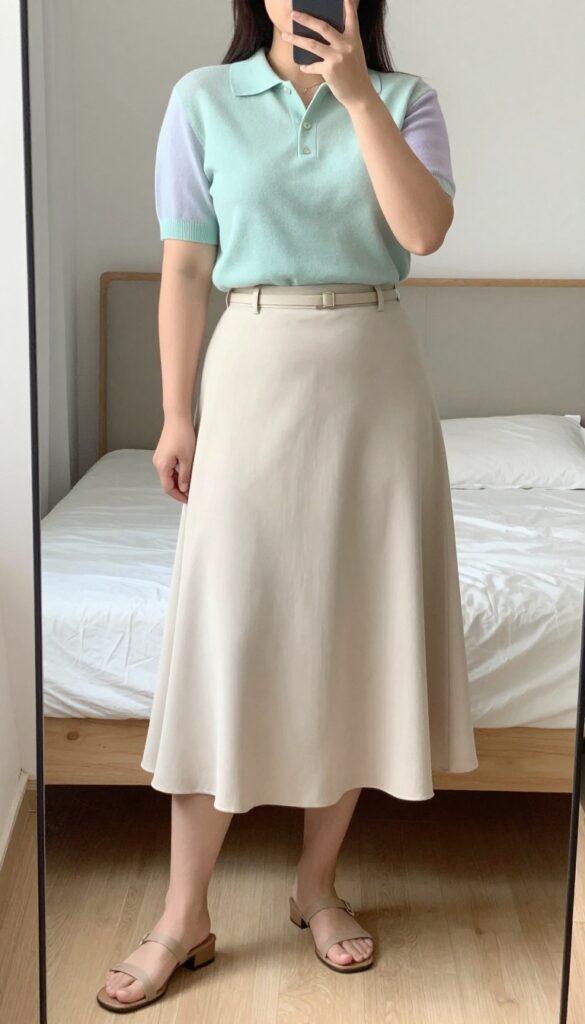A woman in a pastel knit polo tucked into a flowy midi skirt, with a belt bag at her waist and sandals, standing in a bright office or outdoor setting.