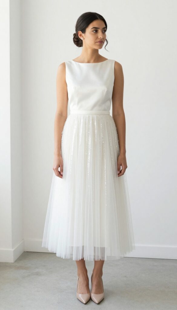 Woman in pearl satin shift dress with detachable sequin tulle overskirt, nude heels, pearl earrings, low bun, standing in bright wedding venue.