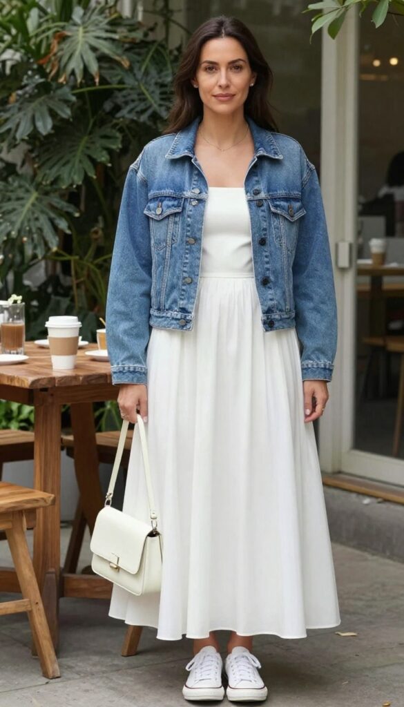 Woman in white square neck wedding dress and cropped denim jacket at outdoor brunch