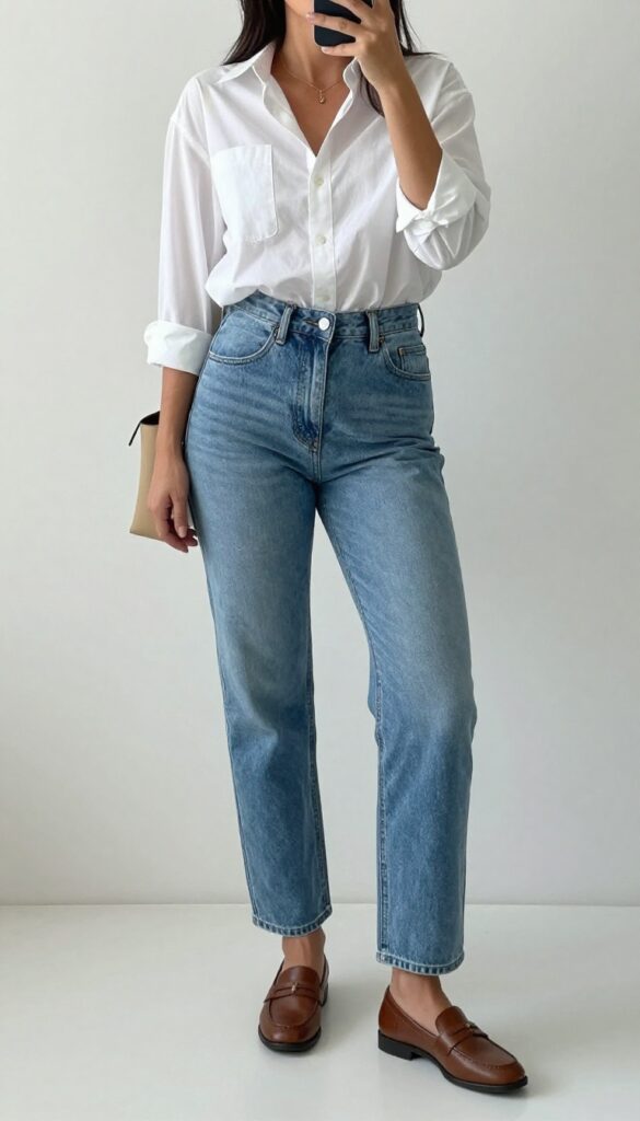 Woman wearing a white button-down shirt half-tucked into mom jeans with loafers and a tote bag, taking a mirror selfie in a bright room.