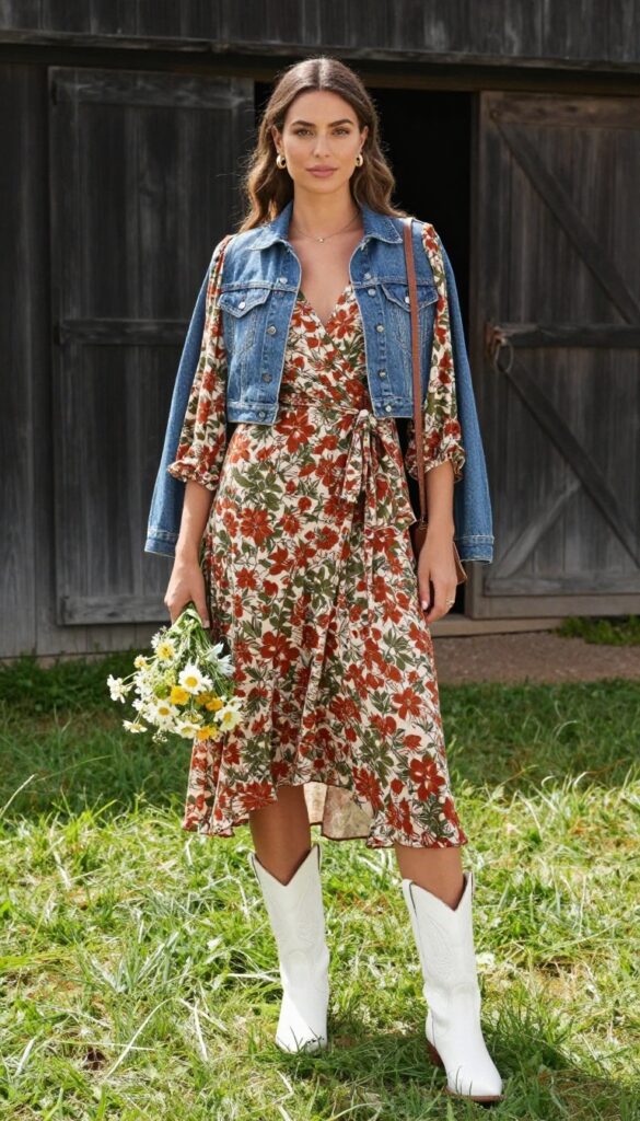 Adult woman in floral wrap dress and white cowboy boots standing in a sunlit grassy field with a rustic barn, holding a bouquet of wildflowers.