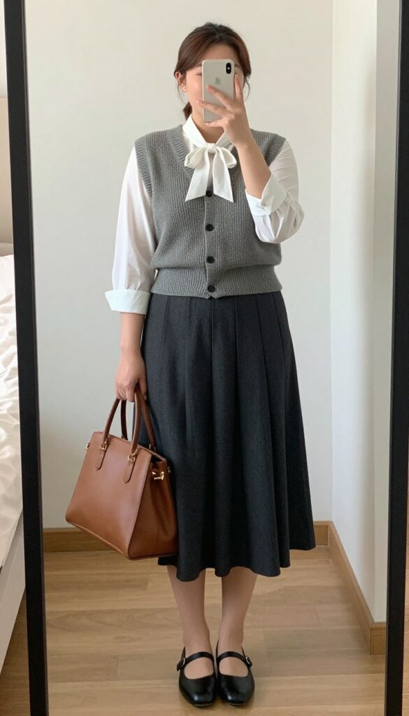 Woman in camel sweater vest, white blouse, and charcoal pleated midi skirt, posing in a creative office.