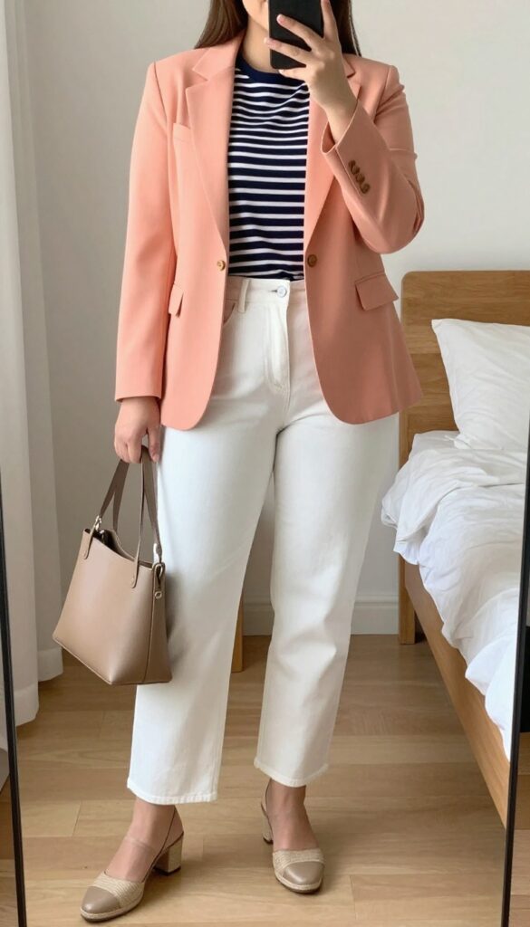 Peach blazer with white jeans and striped tee, business casual outfit for spring events.