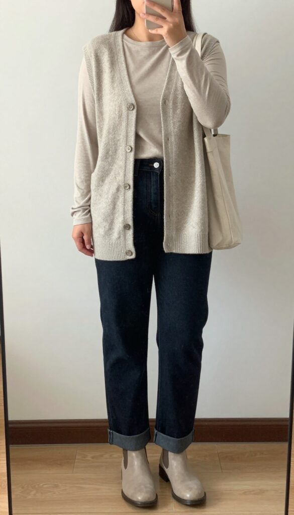 Woman in knit vest and straight-leg jeans, taking a mirror selfie with phone partially covering face, in a bedroom setting.