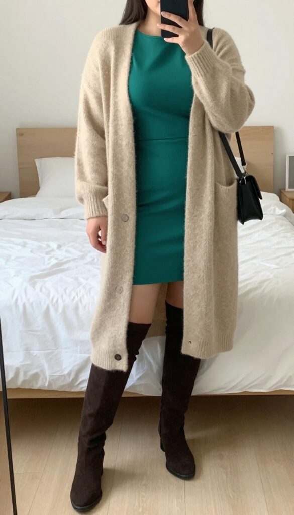 Woman in chunky cardigan over slip dress with knee-high boots, mirror selfie