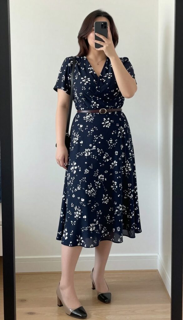 Woman in dark floral midi wrap dress with leather belt, low block heels, and crossbody bag, posing for a dinner business casual look.