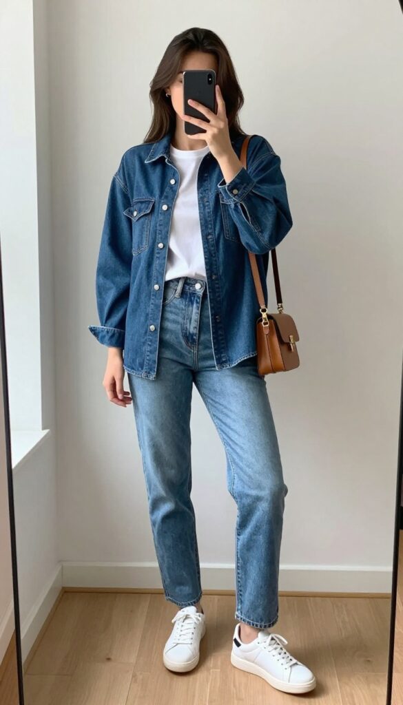 Woman in light-wash jeans and dark denim shirt taking a mirror selfie, showcasing a denim-on-denim outfit with white sneakers.
