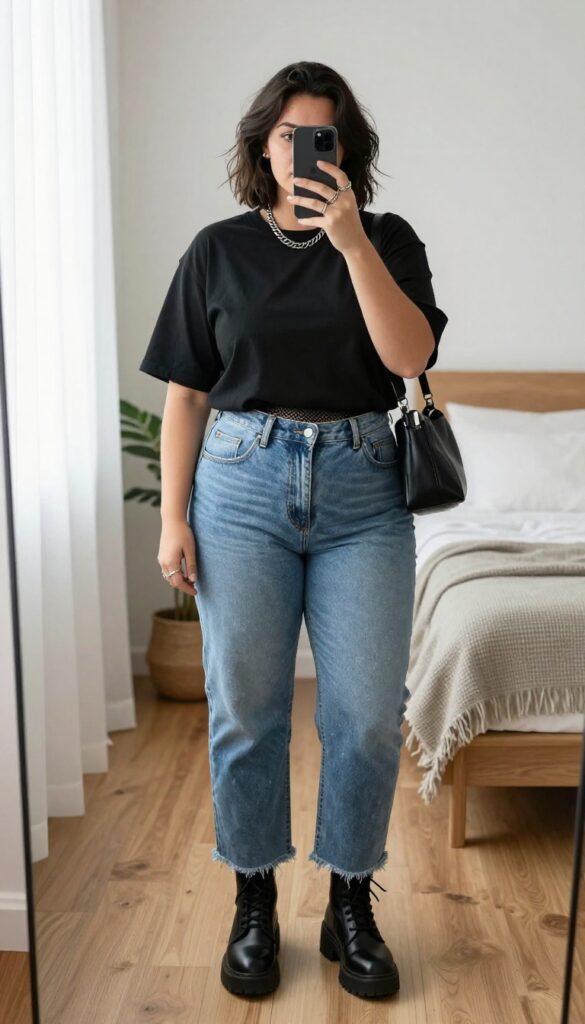 Plus-size woman in oversized band tee, high-waisted jeans, and combat boots taking a mirror selfie in a bright bedroom, embodying casual grunge style.