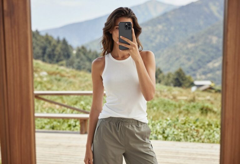 Woman in a fitted tank and hiking shorts taking a mirror selfie outdoors in a mountain setting, showcasing a casual, breathable outfit for summer hikes.