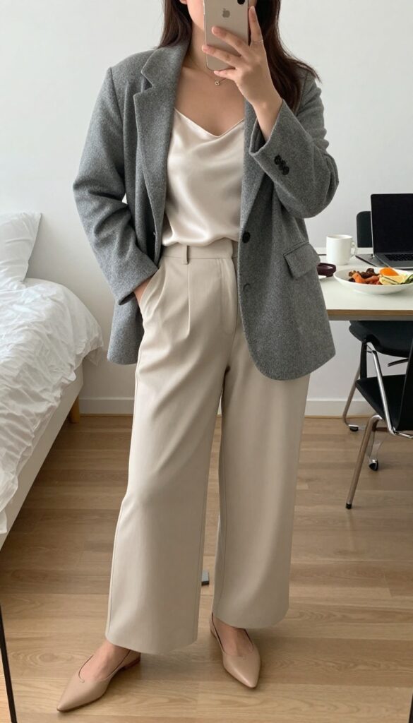 A woman in a gray knit blazer, beige wide-leg pants, and an ivory silk camisole, standing in a bright office setting.