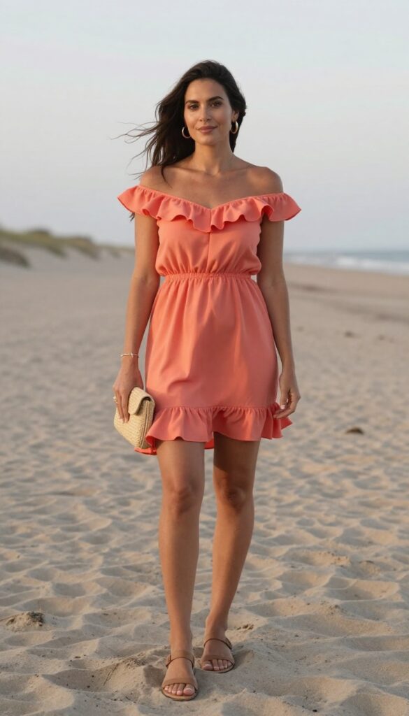 Woman in soft coral off-shoulder ruffled midi dress with gold accessories and straw clutch on beach at sunset