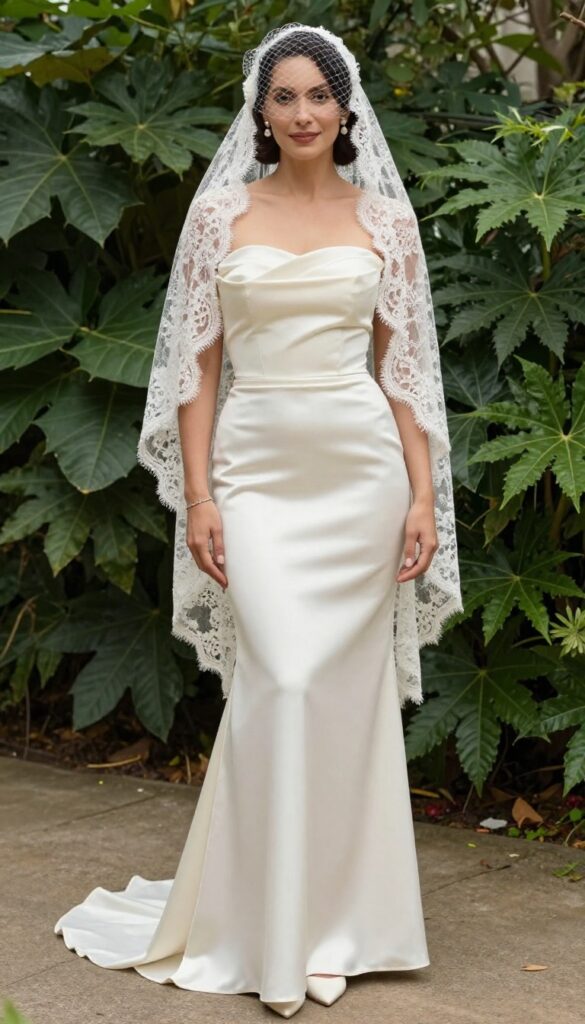 Woman in strapless sheath dress with lace capelet, birdcage veil, and pearl earrings in garden