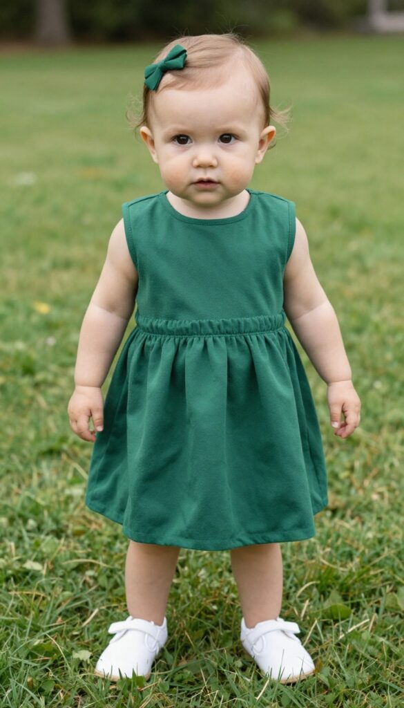Baby girl in emerald green wrap dress with elastic waist and white slip-on shoes at outdoor wedding