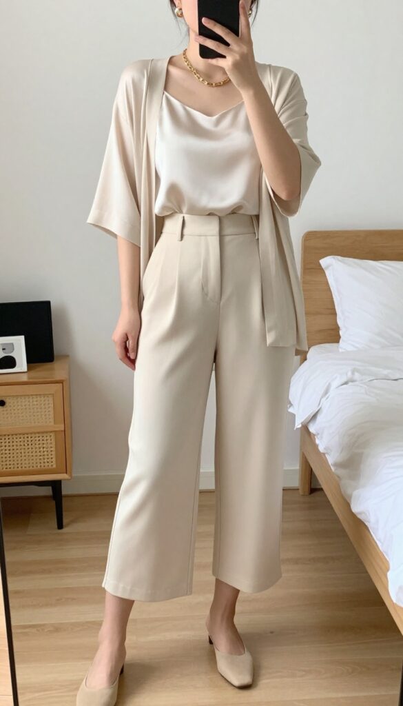 Woman in cream silk camisole tucked into wide-leg culottes, with beige cardigan, gold jewelry, and sleek mules, standing in a modern office.