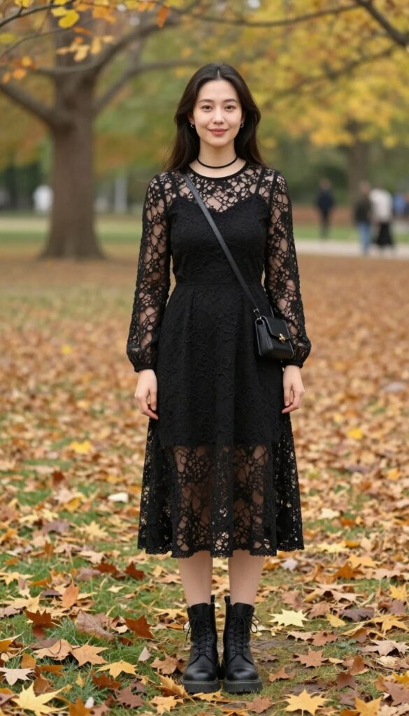Young adult woman with pale skin and dark hair wearing a black lace A-line dress with long sheer sleeves, chunky black combat boots, and a small black crossbody bag, standing in an autumn park with fallen leaves.