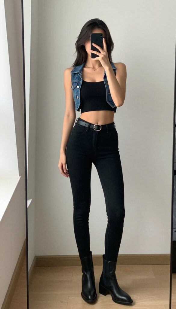 Woman in black crop top, black skinny jeans, and medium-wash denim vest taking a mirror selfie, with heeled boots and clutch, edgy summer night outfit.