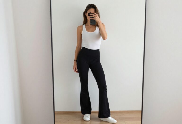 Woman in black flared leggings and white tank top taking a mirror selfie, casual summer outfit, clean and stylish.