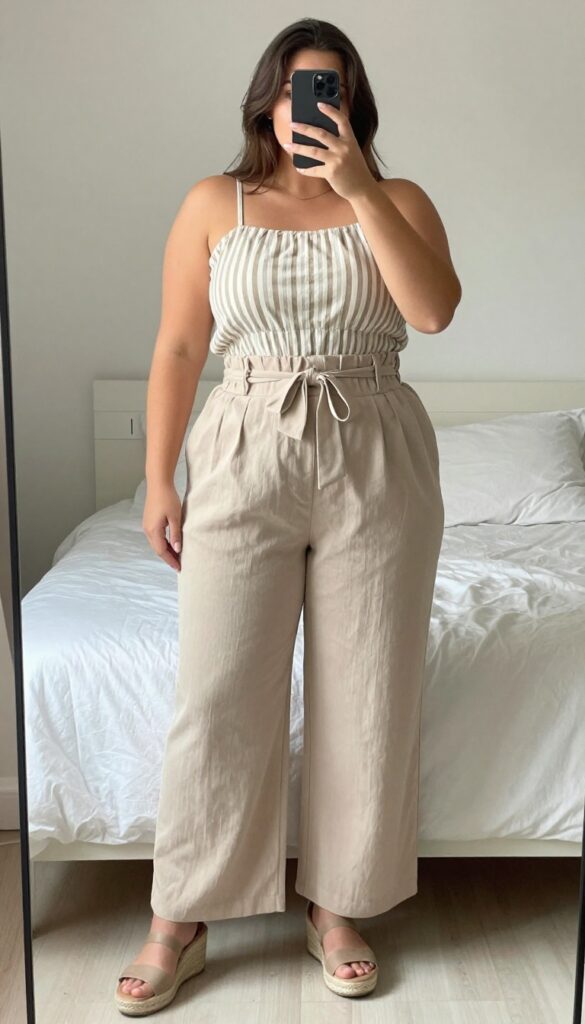 A woman in beige paperbag waist pants and a striped boatneck top, standing in an office setting.