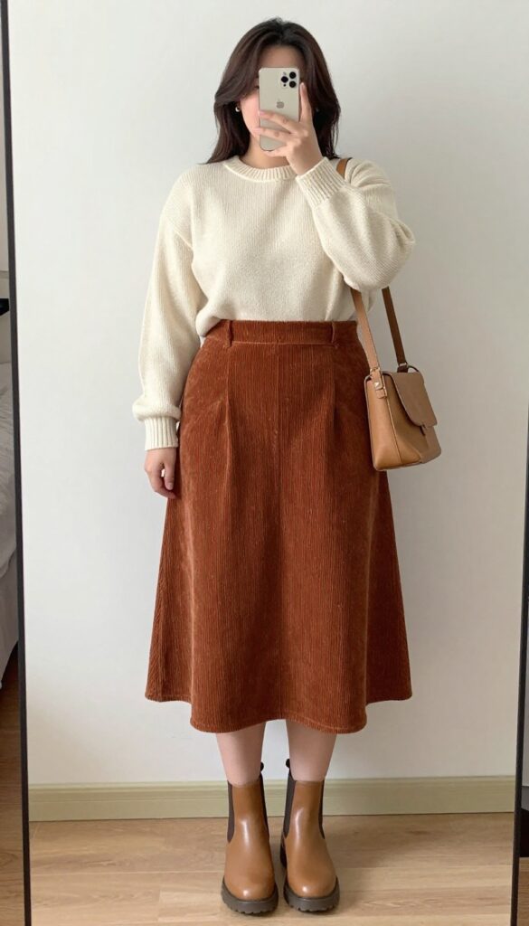 Woman in rust corduroy skirt and ivory sweater with tan Chelsea boots, taking a mirror selfie in bedroom, phone partially covering face.