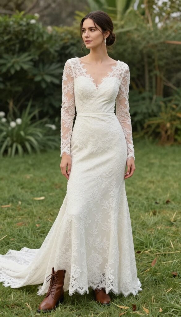 Woman in ivory open-back wedding dress with lace overlay and brown boots standing in a garden at dusk.
