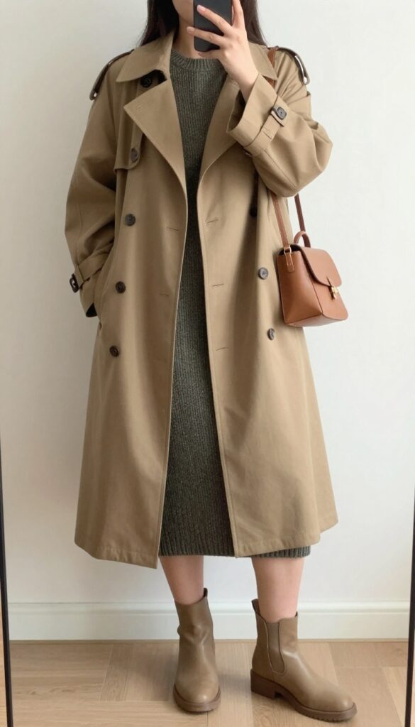 A woman in a trench coat, knit midi dress, and chunky ankle boots, holding a crossbody bag, standing outdoors in a city setting.