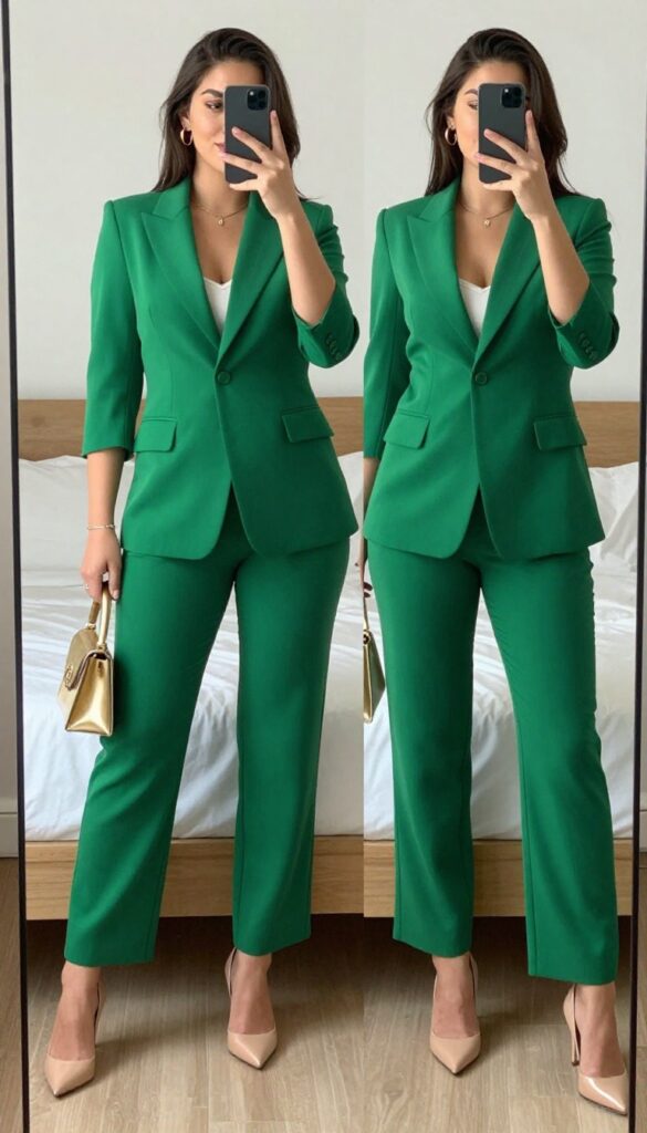 A woman in an emerald green jumpsuit with gold accessories and nude heels, posing in a mirror selfie in a bedroom.